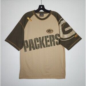 Green Bay Packers NFL No Huddle Tan & Green Embroidered T-shirt Mens Size Large